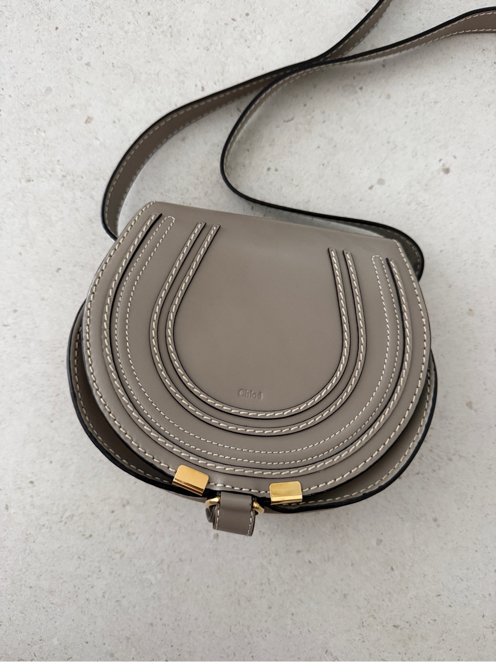 Chloe Small Marcie Saddle Crossbody Bag in Grey with gold hardware